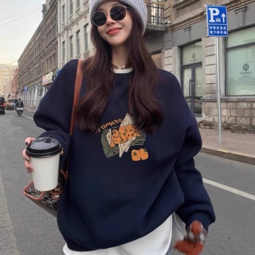Huaian Composite-Thin/Thick Winter Outfit Thick Crew Neck Sweatshirt for Women with Print Baby Fleece