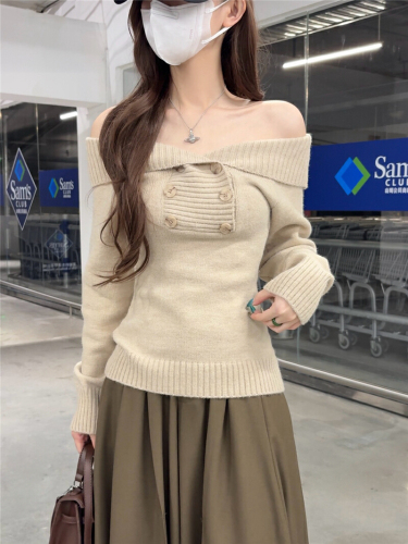 Photographed Korean-style temperament one-shoulder cashmere knit sweater autumn spicy girl shoulder-revealing top
