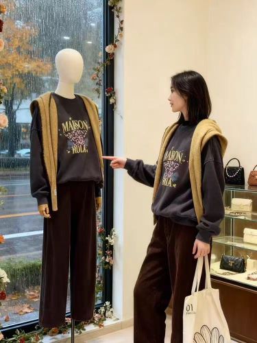 Cotton-Blend CVC Ribbed Crewneck Print Pullover for Women & Men - Regular - Padded