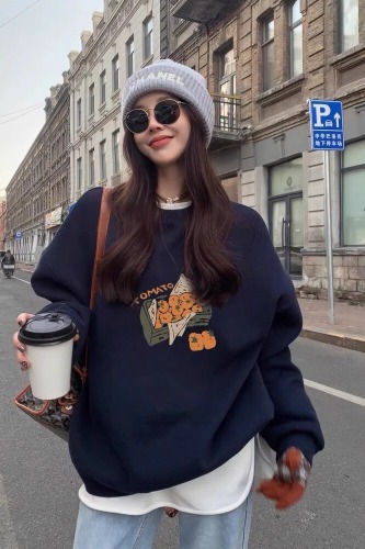 Huaian Composite-Thin/Thick Winter Outfit Thick Crew Neck Sweatshirt for Women with Print Baby Fleece