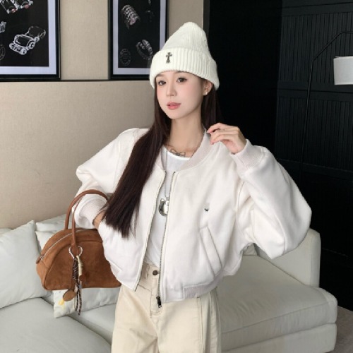 Actual shooting 2025 Autumn/Winter New Korean High-end Embroidered Fleece Stand Collar Jacket Loose Women's Casual Outerwear