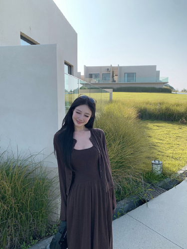 Photographed Gentle Wind Sculptural Aesthetics Knit Cardigan Backless Dress Set