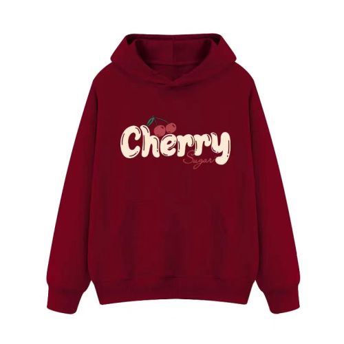 High-quality cotton composite CVC ribbed women's hooded printed sweatshirt, regular thermal-lined