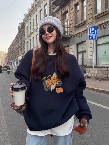Huaian Composite-Thin/Thick Winter Outfit Thick Crew Neck Sweatshirt for Women with Print Baby Fleece
