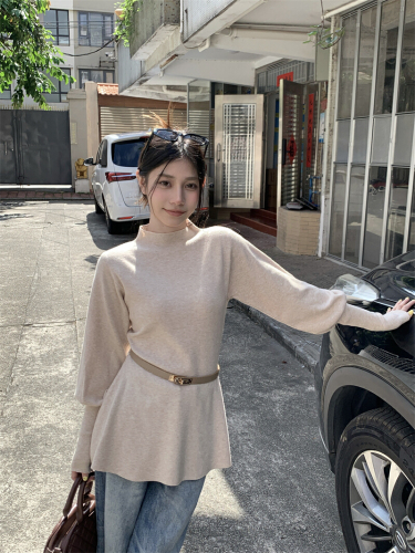 Actual shooting real waist-cinching sweater new half-length turtleneck bell sleeve slimming temperament knitted top with belt