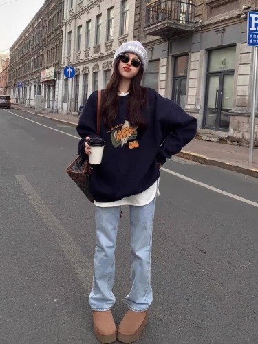 Huaian Composite-Thin/Thick Winter Outfit Thick Crew Neck Sweatshirt for Women with Print Baby Fleece