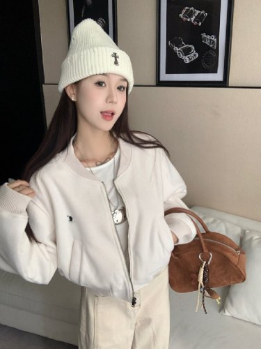 Actual shooting 2025 Autumn/Winter New Korean High-end Embroidered Fleece Stand Collar Jacket Loose Women's Casual Outerwear