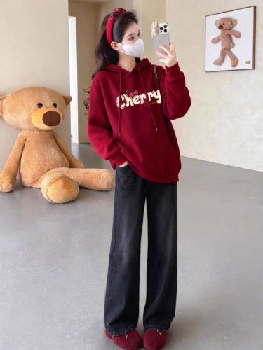 High-quality cotton composite CVC ribbed women's hooded printed sweatshirt, regular thermal-lined