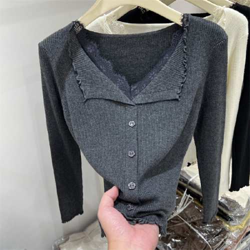 2025 Autumn New Arrival Women's Designer Lace-Trimmed Ruffled Collar Long-Sleeve Knit Top — Sleek, Slim-Fit Base Layer Style