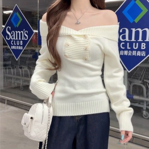Photographed Korean-style temperament one-shoulder cashmere knit sweater autumn spicy girl shoulder-revealing top
