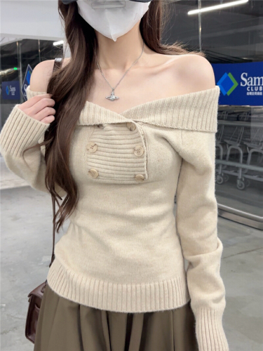 Photographed Korean-style temperament one-shoulder cashmere knit sweater autumn spicy girl shoulder-revealing top