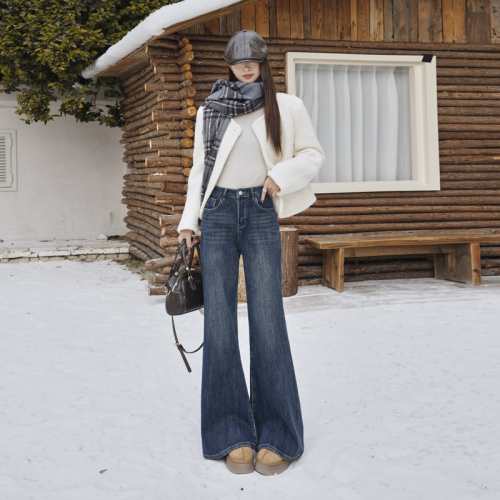 ~Photographed~ Thick Fleece Hot Girl Four-Way Bell Bottom Jeans Winter New Loose Slimming Non-Sticking Mini Skirt Women