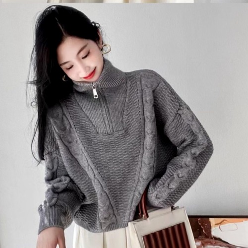 Women's High-Neck Sweater with Half Zip Hooded Collar for Autumn/Winter, Loose Outerwear, Slouchy Style, Cable Knit Hooded Turtleneck Top