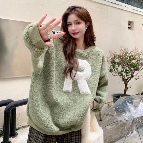 2025 Fall/Winter Women's Faux Lamb Wool Letter-Print Thickened Crewneck Sweater: New Lazy-Style, Versatile, Loose-Fit, and Warm Top