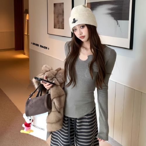 Cotton-poly blend rib-knit design gray slim-fit pocket long-sleeve T-shirt for women - new autumn/winter Korean style indie option