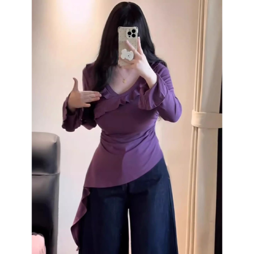 Freestyle 260g Plus-Size Slimming Flirty Irregular Top with Ruffled V-Neck and Long Sleeves for Autumn