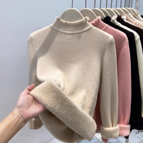 Women's ear-trimmed knitted sweater bottoming shirt for autumn and winter warm lining with velvet and thickened half turtleneck bottoming shirt top
