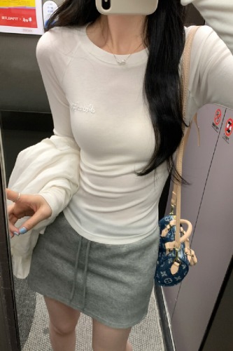 Photographed Image Tencel Wool Navy Blue Crew Neck Letter Embroidered Long Sleeve Women's Fall Top Layer High-End Base Shirt