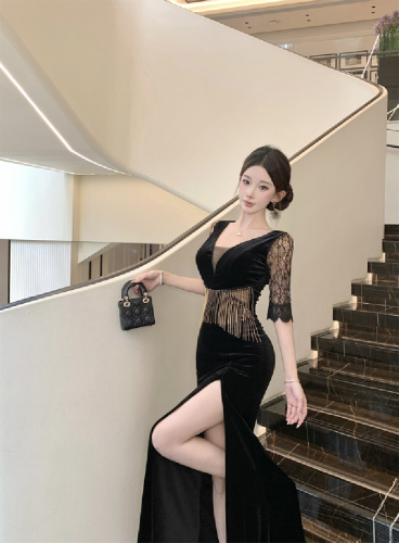 Photographed! Autumn/Winter Velvet Evening Gown with Heavy Embroidery and Fringes - High-end Sexy Sheath Dress with Slits
