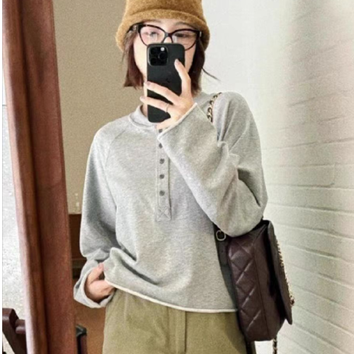 56 Cotton New Autumn Korean Style Casual Top Women's Grey Rolled Hem Half Button Design Long Sleeve T-Shirt