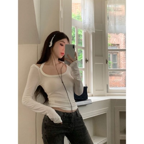 40-count modal 260g rayon halterneck chest-enhancing long-sleeve T-shirt—early autumn, slim-fit, figure-flattering top