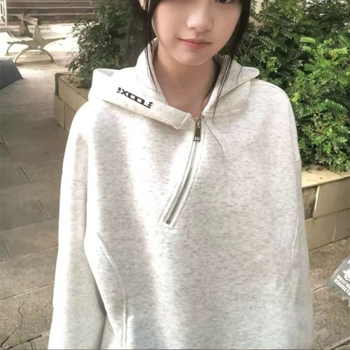 Cotton-imitating, polyester-cotton blended, milk fiber letter embroidery hoodie sweatshirt loose silhouette coat top