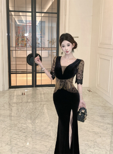 Photographed! Autumn/Winter Velvet Evening Gown with Heavy Embroidery and Fringes - High-end Sexy Sheath Dress with Slits