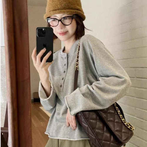 56 Cotton New Autumn Korean Style Casual Top Women's Grey Rolled Hem Half Button Design Long Sleeve T-Shirt