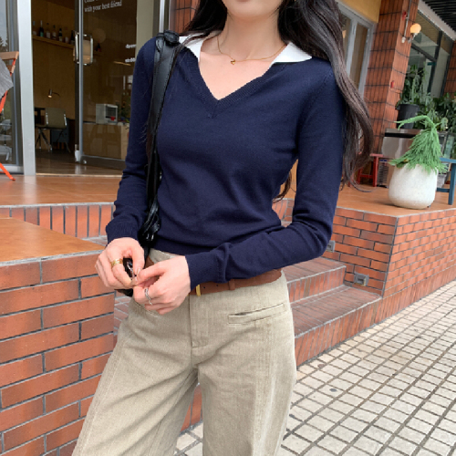 Collar Contrast Color, Intellectual Style, Elderly Money Fashion, Outfit Top Inner Knitwear Long Sleeve Base Shirt Women Autumn Winter Upper Shirt