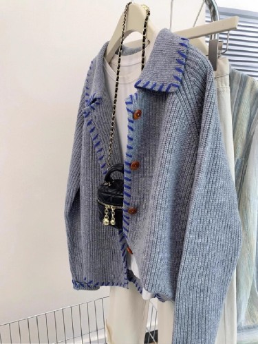 Grey Collar Wool Cardigan Coat for Women - Early Autumn Spring New Style Outerwear - High-End Casual Knit Top