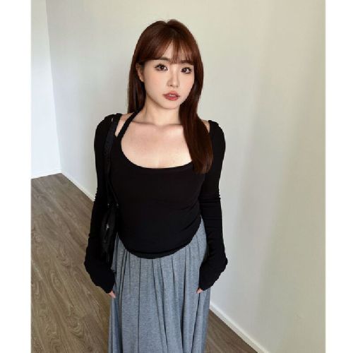 40-count modal 260g rayon halterneck chest-enhancing long-sleeve T-shirt—early autumn, slim-fit, figure-flattering top