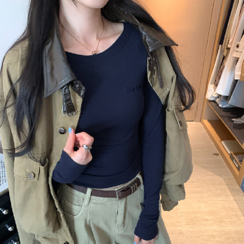 Photographed Image Tencel Wool Navy Blue Crew Neck Letter Embroidered Long Sleeve Women's Fall Top Layer High-End Base Shirt