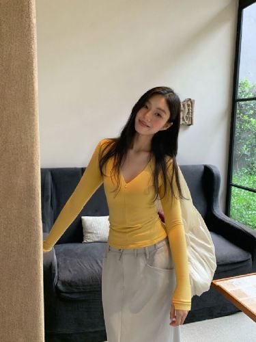 Cotton-blend brushed zipper V-neck slim-fit long-sleeve women's T-shirt 2025 autumn new slimming innerwear base top