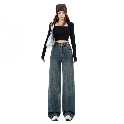 Live-shoot~2025 Autumn/Winter New American Retro Double Breasted High-Waist Women's Tapered Straight Jeans with Insane Sense of Style