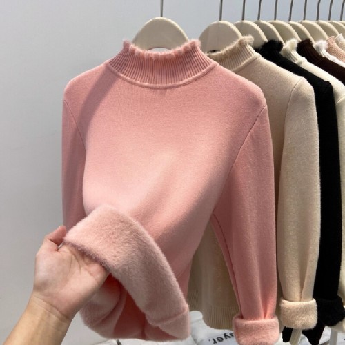 Women's ear-trimmed knitted sweater bottoming shirt for autumn and winter warm lining with velvet and thickened half turtleneck bottoming shirt top