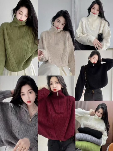 Women's High-Neck Sweater with Half Zip Hooded Collar for Autumn/Winter, Loose Outerwear, Slouchy Style, Cable Knit Hooded Turtleneck Top