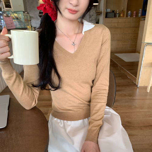 Collar Contrast Color, Intellectual Style, Elderly Money Fashion, Outfit Top Inner Knitwear Long Sleeve Base Shirt Women Autumn Winter Upper Shirt