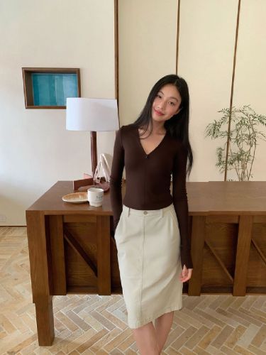 Cotton-blend brushed zipper V-neck slim-fit long-sleeve women's T-shirt 2025 autumn new slimming innerwear base top