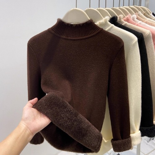 Women's ear-trimmed knitted sweater bottoming shirt for autumn and winter warm lining with velvet and thickened half turtleneck bottoming shirt top