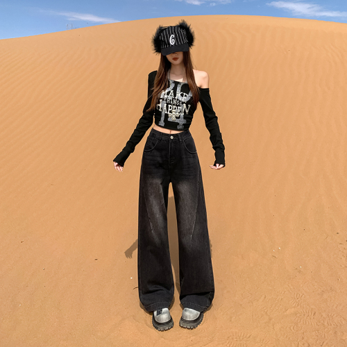 Photographed~ 2025 Autumn/Winter New Design Flared Straight Leg Denim with Washed Effect, Slimming Wide-Leg Micro-Leg Pants