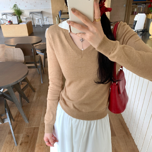 Collar Contrast Color, Intellectual Style, Elderly Money Fashion, Outfit Top Inner Knitwear Long Sleeve Base Shirt Women Autumn Winter Upper Shirt