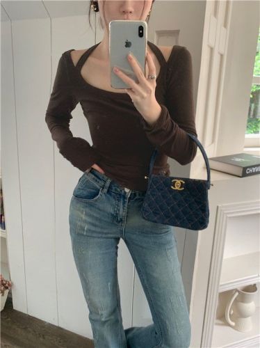 40-count modal 260g rayon halterneck chest-enhancing long-sleeve T-shirt—early autumn, slim-fit, figure-flattering top