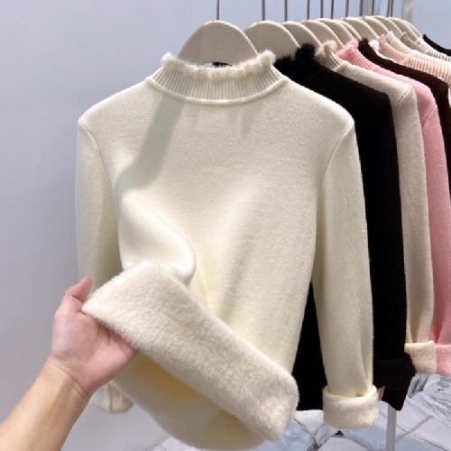 Women's ear-trimmed knitted sweater bottoming shirt for autumn and winter warm lining with velvet and thickened half turtleneck bottoming shirt top