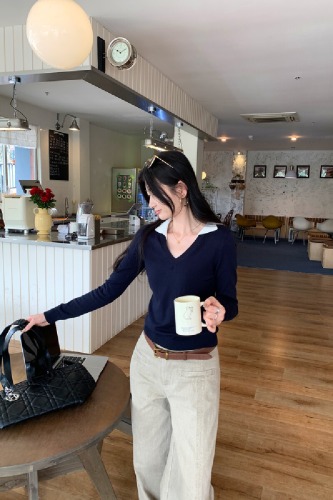 Collar Contrast Color, Intellectual Style, Elderly Money Fashion, Outfit Top Inner Knitwear Long Sleeve Base Shirt Women Autumn Winter Upper Shirt