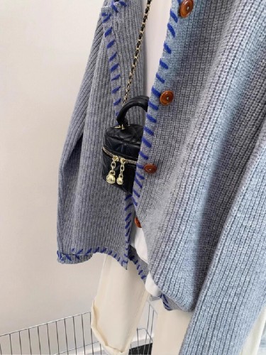 Grey Collar Wool Cardigan Coat for Women - Early Autumn Spring New Style Outerwear - High-End Casual Knit Top