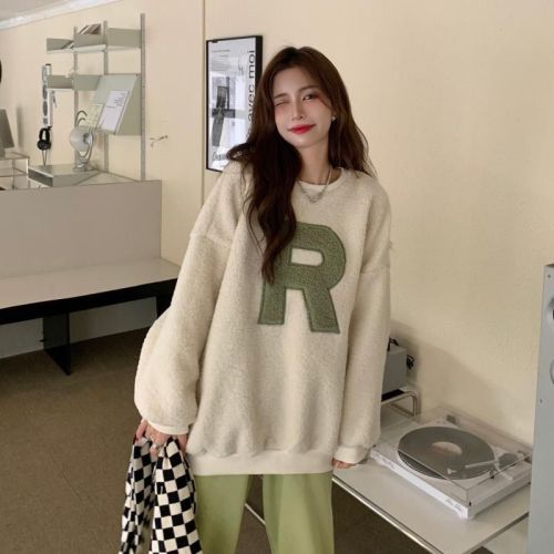 2025 Fall/Winter Women's Faux Lamb Wool Letter-Print Thickened Crewneck Sweater: New Lazy-Style, Versatile, Loose-Fit, and Warm Top