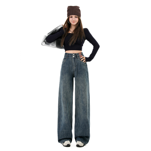 Live-shoot~2025 Autumn/Winter New American Retro Double Breasted High-Waist Women's Tapered Straight Jeans with Insane Sense of Style