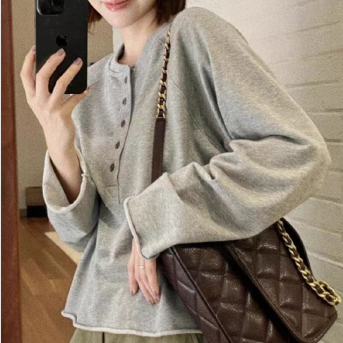 56 Cotton New Autumn Korean Style Casual Top Women's Grey Rolled Hem Half Button Design Long Sleeve T-Shirt