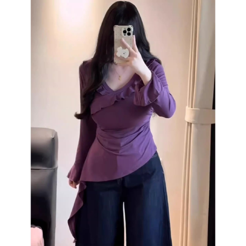 Freestyle 260g Plus-Size Slimming Flirty Irregular Top with Ruffled V-Neck and Long Sleeves for Autumn