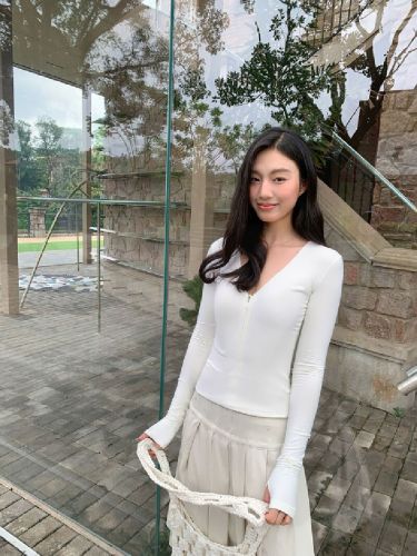 Cotton-blend brushed zipper V-neck slim-fit long-sleeve women's T-shirt 2025 autumn new slimming innerwear base top